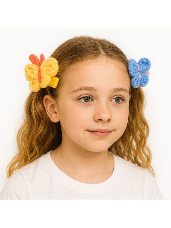 Hand Crafted Accessories - Hand Crafted Hand Knit Crochet Butterfly Hair Clip blue-yellow 1" Alligator clip